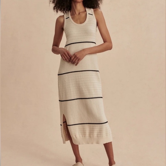 NWT Varley Scott Scoop Neck Midi Knit Dress Womens Medium Cream Black  Stripes